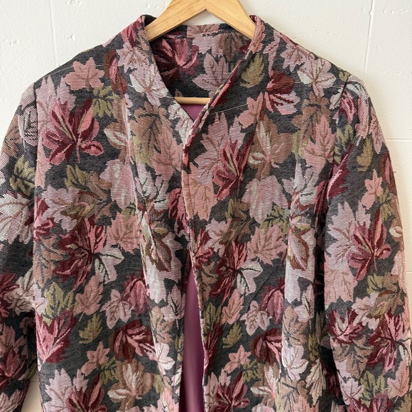 Handmade Pink Leaf Tapestry Long Coat | Cottagecore Fall | Size Large - Picture 7 of 9